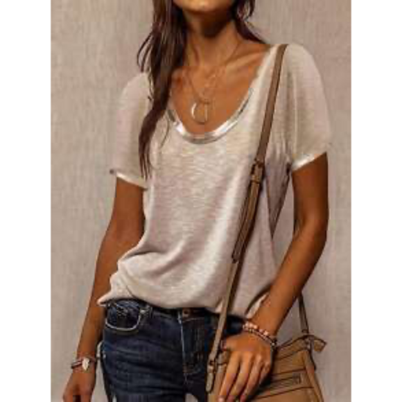 EMERY ROSE Tops - EMERY ROSE Solid Color Round Neck Short Sleeve T-Shirt For Summer Vacation in Ta